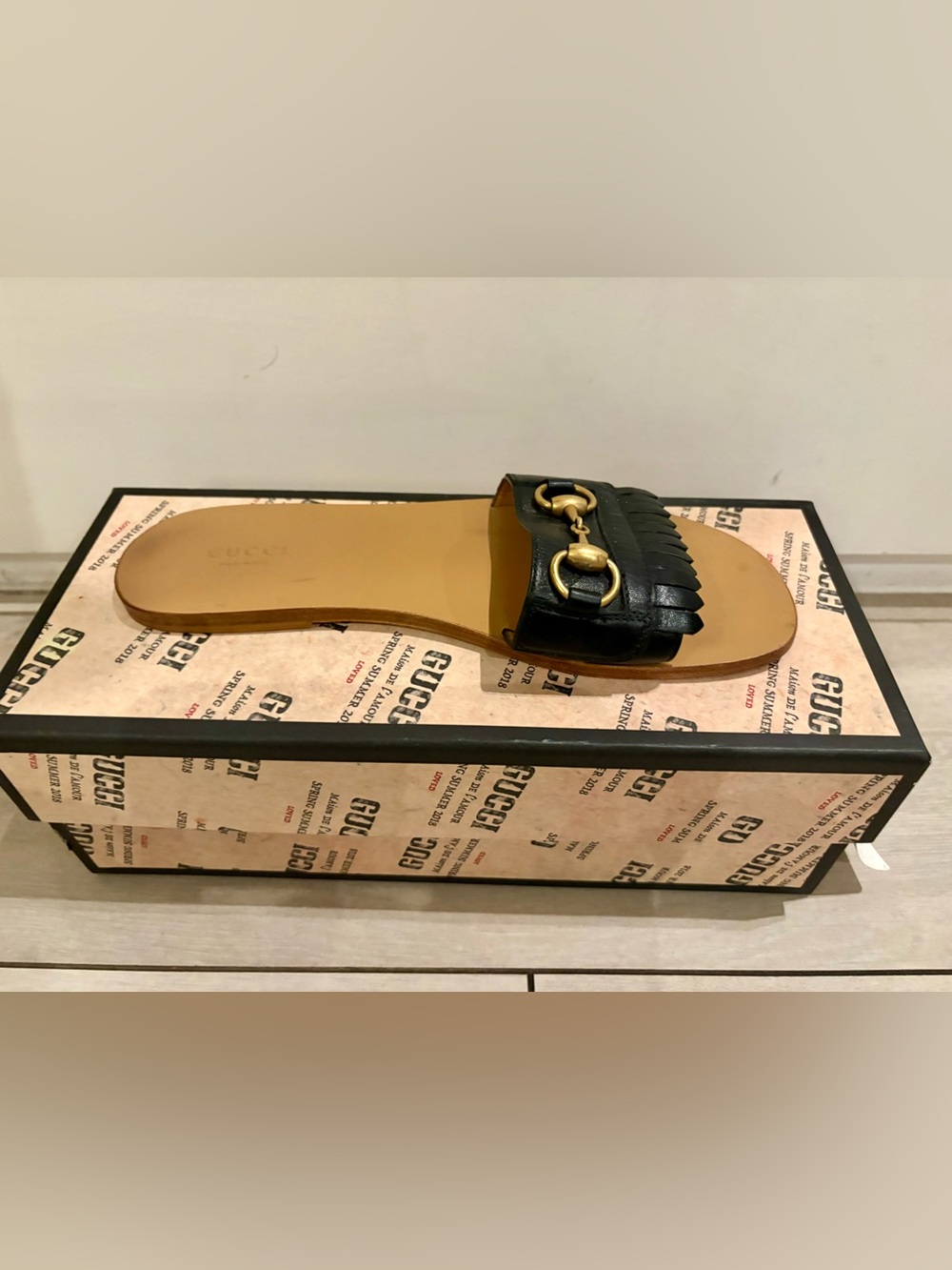 Gucci Black Leather Horsebit Kiltie Slide Sandals - Picture 7 of 7